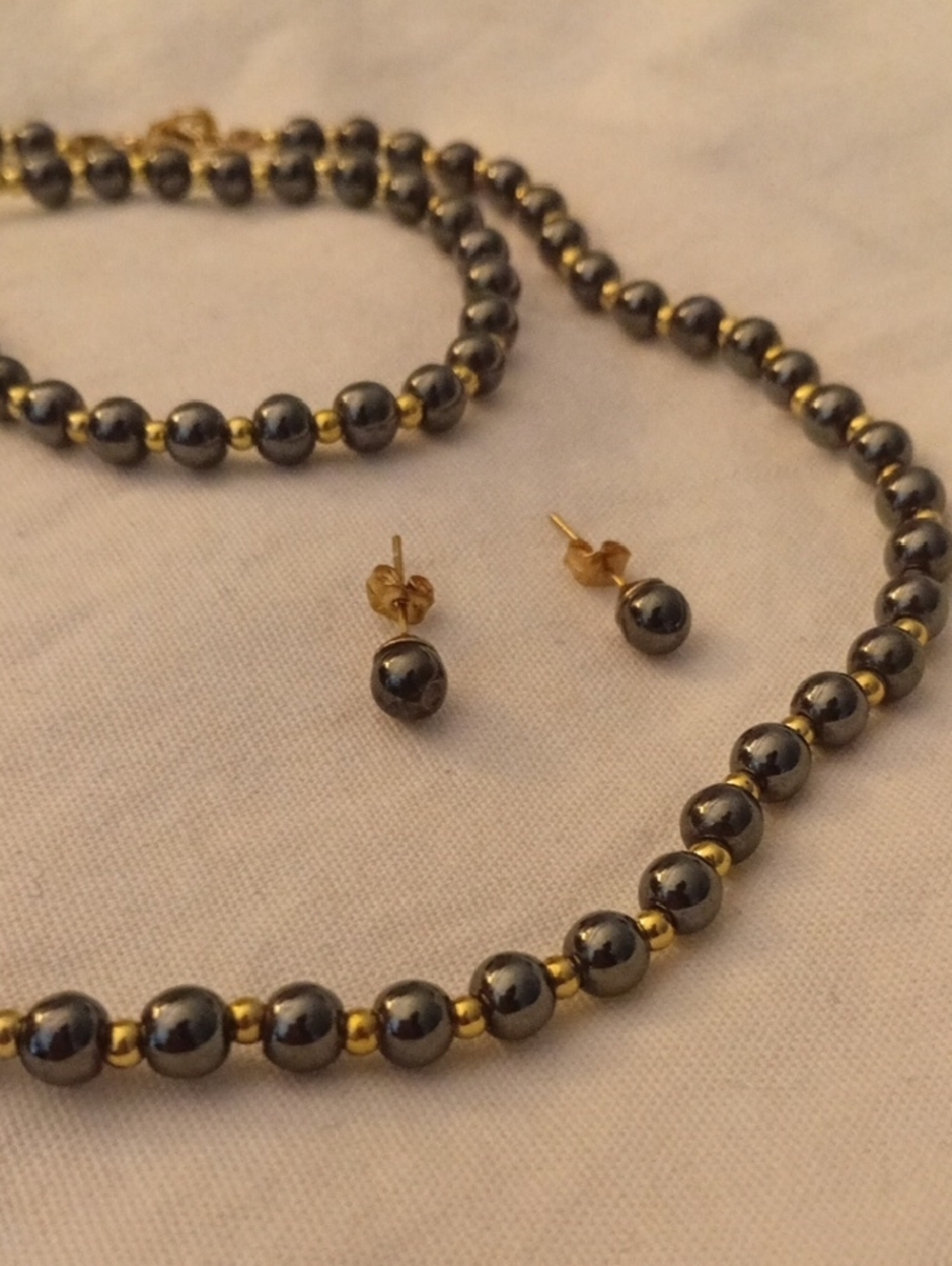 Gold-tone Hematite Bead Necklace, Bracelet & Earring Set